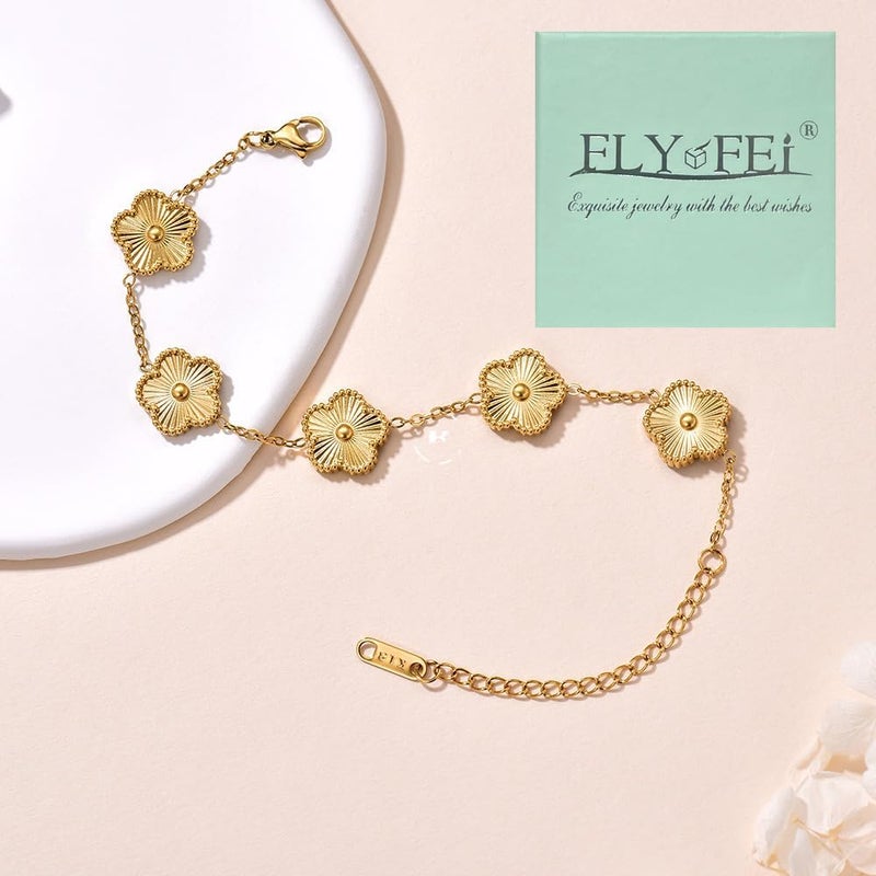 FLY FEI 18K Gold-Plated Four Leaf Clover Bracelet for Women,Adjustable lucky Bracelet Set Jewelry Gift-Hypoallergenic Charm for Birthdays, Wellness & Daily Wear - Image 2